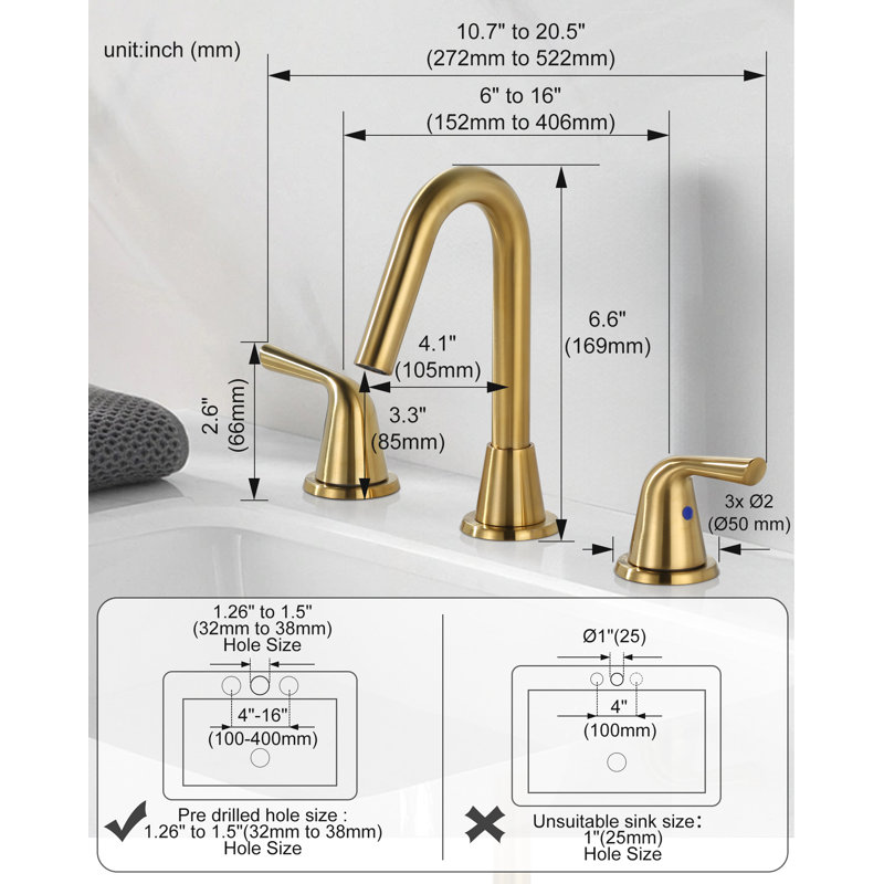Robinet de salle de bain à 2 poignées avec drain, Or