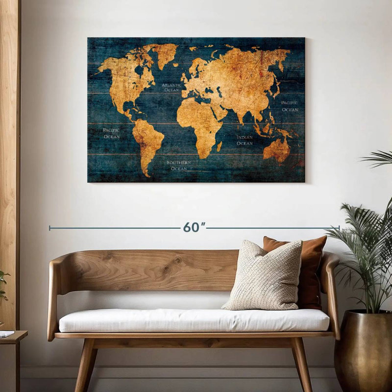 Océan rustique de la carte du monde, H 30 po x l 45 po