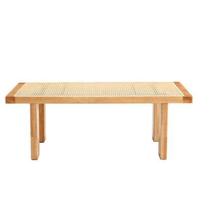 Modern Minimalist Rectangular Table With Imitation Rattan Woven Chinese - Style Tabletop And Rubber Wooden Legs, Ideal For Living, Dining And Bedroom Spaces