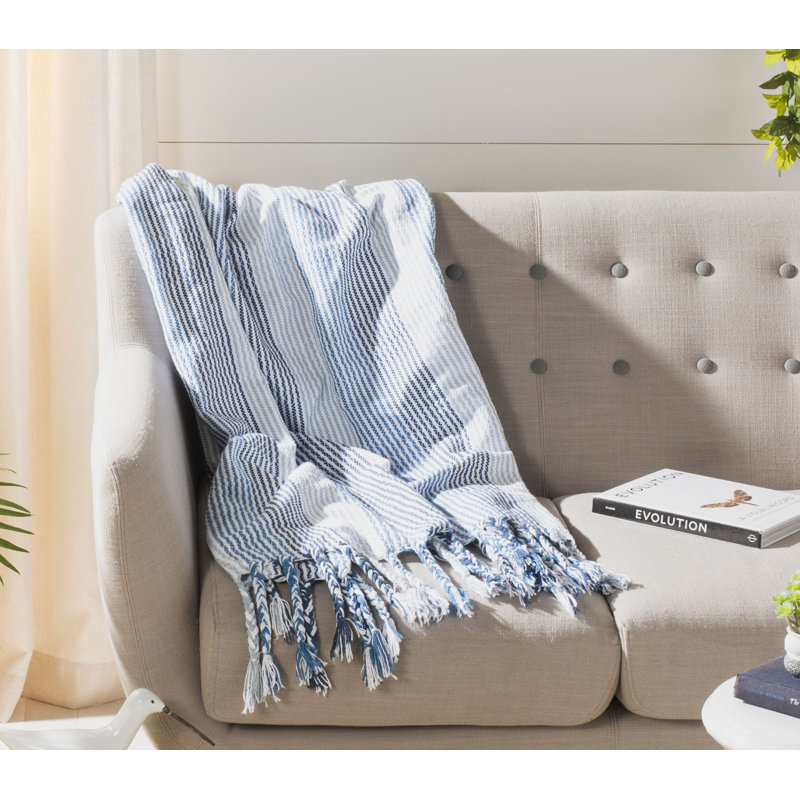 Blue and White Knitted Cotton Fringe Throw Blanket