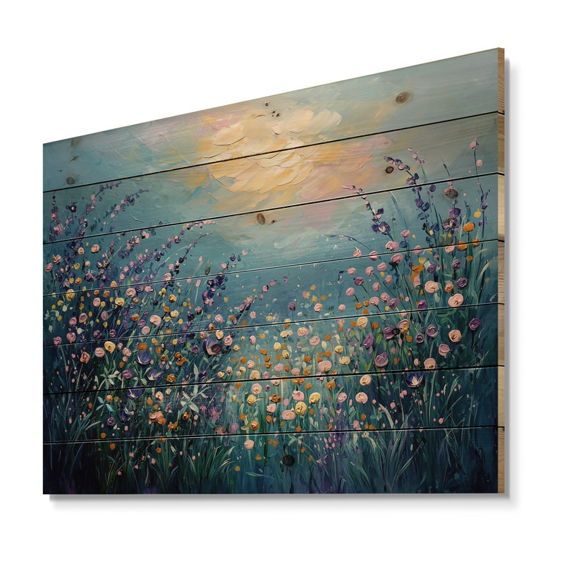 Dreamscape Wildflowers Sunrise Field - Wildflowers Wood Wall Art - On Natural Pine Wood, 24" H x 32" W x 0.78" D
