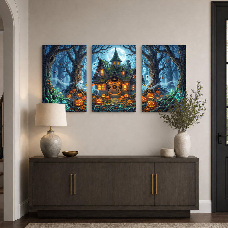 Maison hantée avec citrouilles et fantômes, ensemble de 3 toiles d'Halloween, H 36 po x l 24 po x 3 pièces