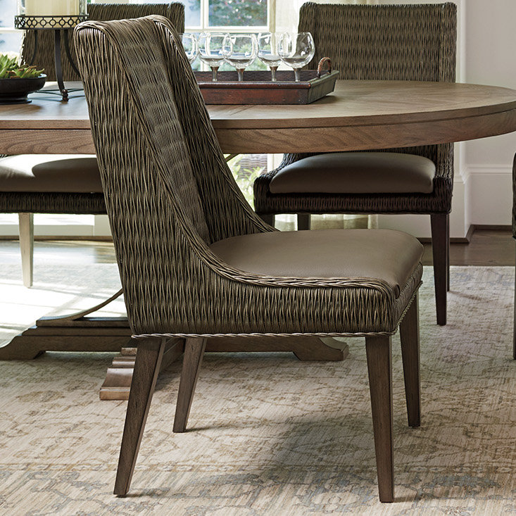 Gray Rattan Wing Back Side Chair with Synthetic Leather Seat