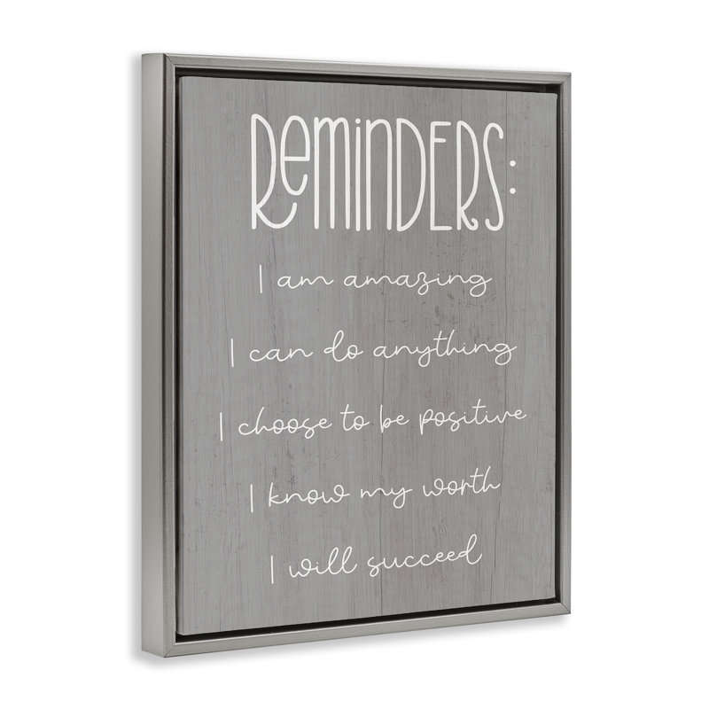 "Self Confidence Reminders", art mural encadré par Lil 'Rue, H 31 po x l 25 po, Cadre flottant gris lustré