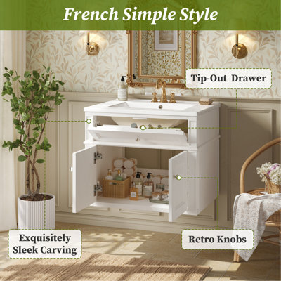 Meuble-lavabo mural 24 po avec tiroir basculant et charnières à fermeture en douceur, armoire de salle de bain avec structure ouverte à l'arrière, 2 portes, meuble-lavabo avec lavabo simple en céramique