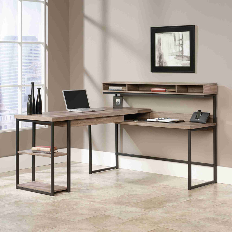 Bureau industriel en forme de L avec tablette surélevée