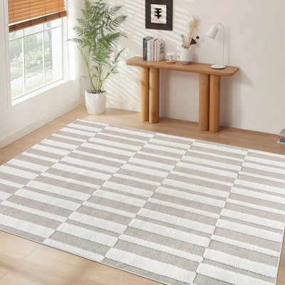 Tapis contemporain moderne à motif géométrique beige rayé géométrique 6 pi 7 po x 9 pi facile à nettoyer de style bohémien
