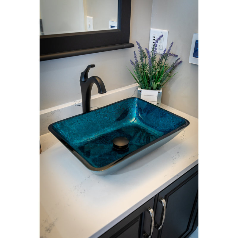 Turquoise Blue Rectangular Tempered Glass Vessel Sink
