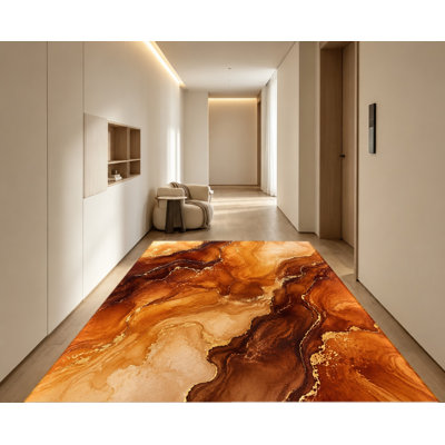 Tapis d'intérieur moderne en velours antidérapant, motif abstrait tourbillonnant orange et brun, idéal pour le salon, la chambre à coucher, l'entrée, la cuisine ou un appartement.