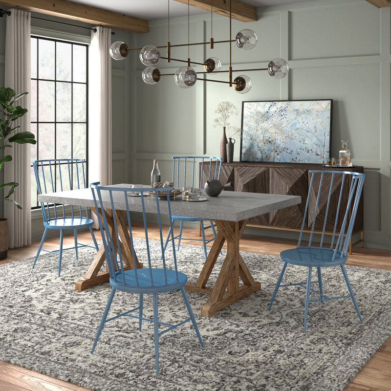 Durga Rustic Pine Frame Concrete Veneer Top Dining Table And Windsor Chairs Set - Full Concrete Veneer Top Table And 4 Chairs