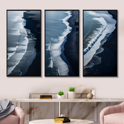 Plage noire et sable vue aérienne I - ensemble d'art mural sur toile plage et océan 3