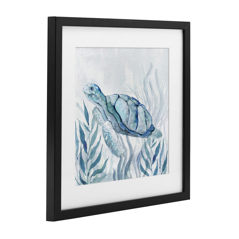 Tortue de mer avec sourire subtil, reproduction encadrée sous verre, design par Janet Tava, H 13 po x l 13 po