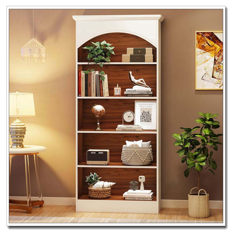 70.86" 5-Tier White & Oak Vintage Library Bookcase For Living Room, Office, Bedroom