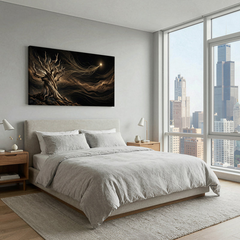 Art mural toile noueux avec tourbillons dorés et ciel étoilé, L 40 po x H 20 po