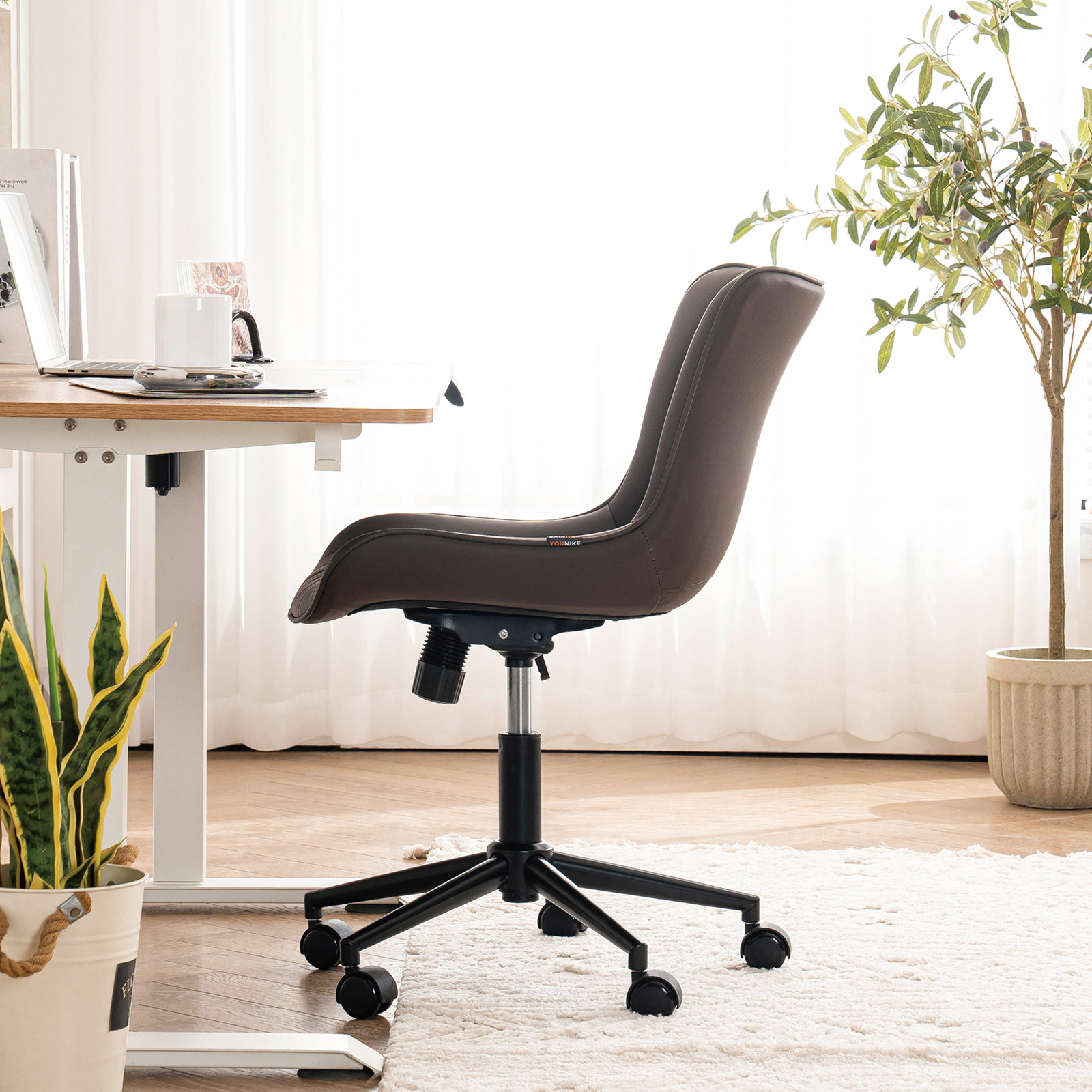 Brionni Leather Swivel Task Chair with Casters, Matte Brown Seat/ Brown Frame