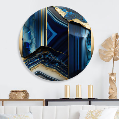 «Abstract Geode Geometric Blue III» - Art mural rond abstrait géométrique sur métal