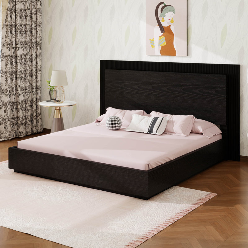 Base de lit plateforme avec tête de lit, base de lit en bois avec lumière DEL, support à lattes de bois, Noir, Grand lit