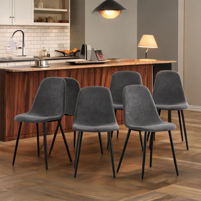 Ensemble de 6 chaises d'appoint pour la cuisine dans un tissu classique en lin et coton gris avec pieds en métal noir