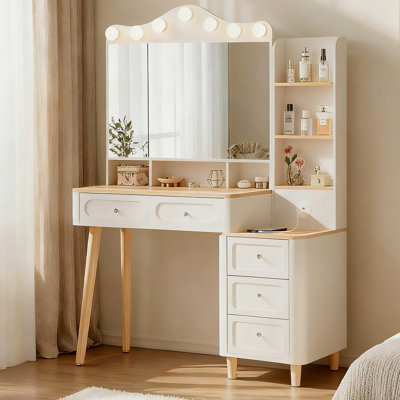 Vanity Desk With Mirror And Lights,Makeup Vanity With 2 USB Power Strip,Vanity Set With Two Drawers And Three-Drawer Chest, 3 Lighting Modes Adjustable Brightness, Foldable Three-Sided Mirror(White)