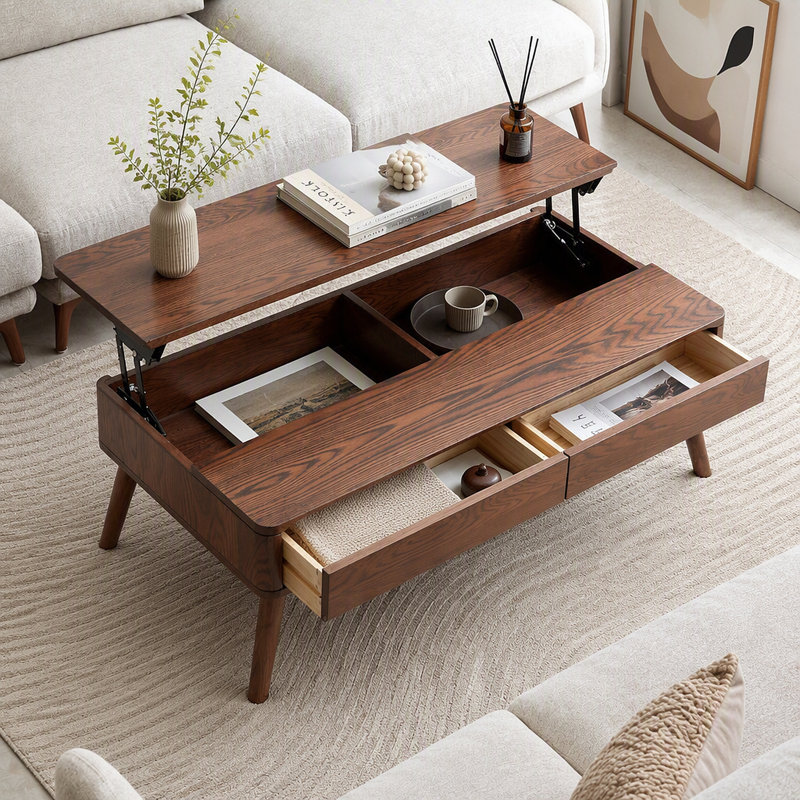 Table basse surélevée Table basse 100% bois de chêne massif avec plateau et plateau de table basse Largeur 120 x Profondeur 65 x Hauteur 45 cm Bureau d'étude Facile à assembler