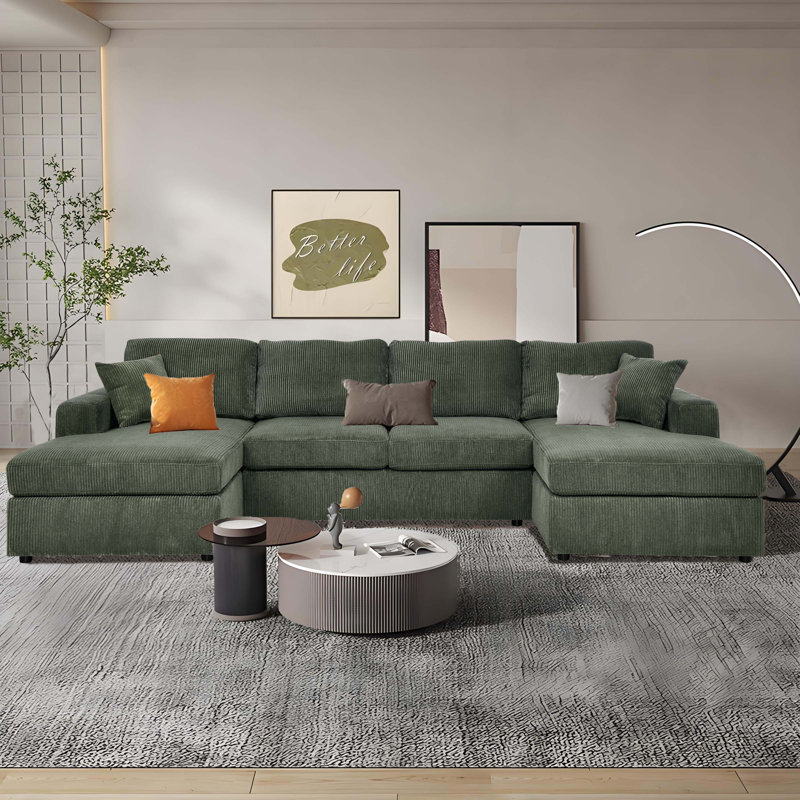 Loette Corduroy U-Shaped Sectional Symmetrical, Dark Green Corduroy