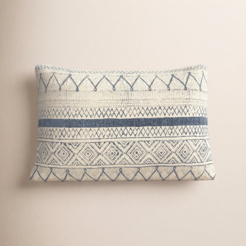 Coussin lombaire rectangulaire 100% coton Zetta, Beige clair / bleu foncé, Duvet