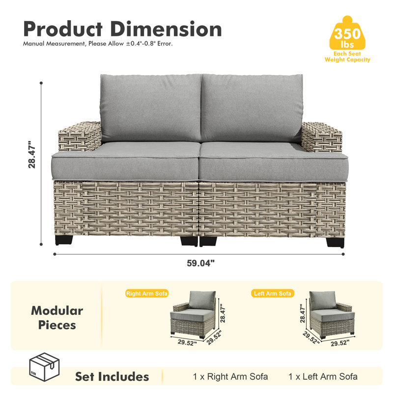59" Wide Outdoor Wicker Loveseat With Cushions, Modular Patio Sofa Seat With Left And Right Arm Sofa, Dark Gray