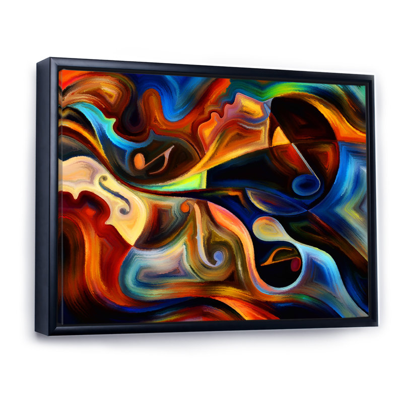«Blue Orange and Yellow Dynamics on Black», reproduction sur toile, H 16 po x l 32 po, Cadre flottant noir