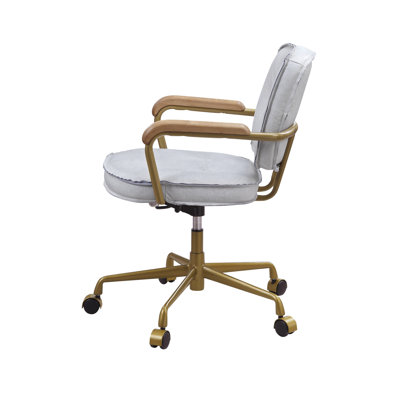 Vintage White Leather Office Chair - 3" Thick Seat Cushion, D6.5 Foam Density, 360 Degree Swivel, Adjustable Seat, Antique + Gray, Elegant Work Stylish & Practical Chair, 5 Base With Wheels