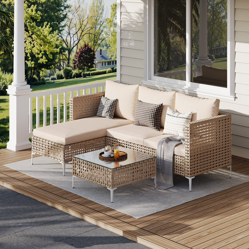 Outdoor 3-Piece Courtyard Furniture Set (Yellow/Beige) Handmade Rattan, Suitable For Lawns, Backyards And Gardens
