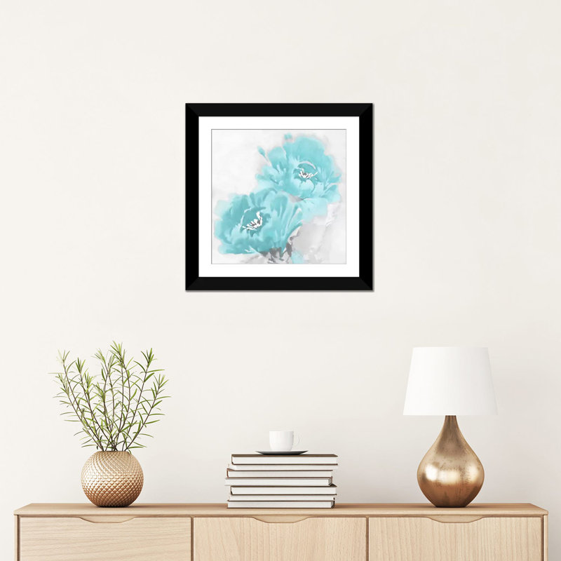 «Flower Bloom in Aqua I» par Jesse Stevens - impression sur toile tendue, H 24 po x l 24 po x P 1 po, Papier avec cadre noir