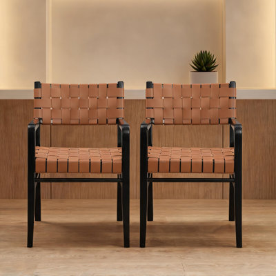 Ensemble de 2 chaises d'appoint, structure en bois massif avec revêtement en similicuir brun, style industriel moderne, l 21,25 po x P 24,5 po x H 32 po