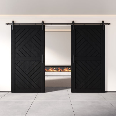 Homacer Black Double 26in x 80in Unassembled & Finished Geometric Design Barn Doors with Non-Bypass Installation Hardware Kit, 9ft track, interior use only