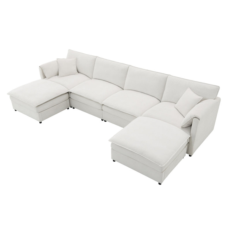 Canapé en U en chenille, canapé-lit 6 places avec coussins doubles et repose-pieds, canapé modulaire Spacieux Comfort Crème