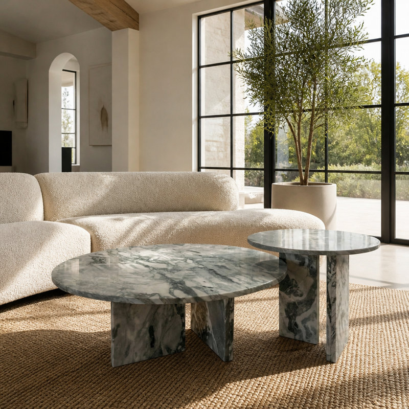 Ensemble de tables basses gigognes en marbre naturel bleu gris (2 pièces), pierre ronde polie, centre de table de salon moderne (70 cm et 45 cm)