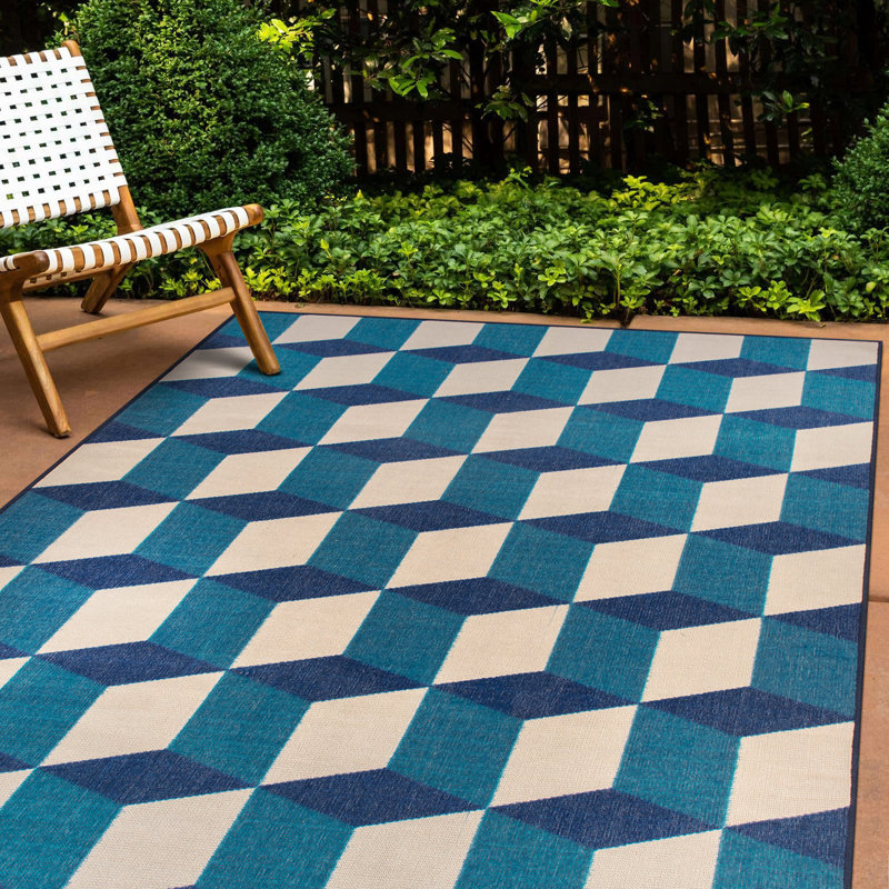 Hendriex Geometric Blue/Turquoise/Ivory Indoor&Outdoor Area Rug, Rectangle 7'10" x 10'