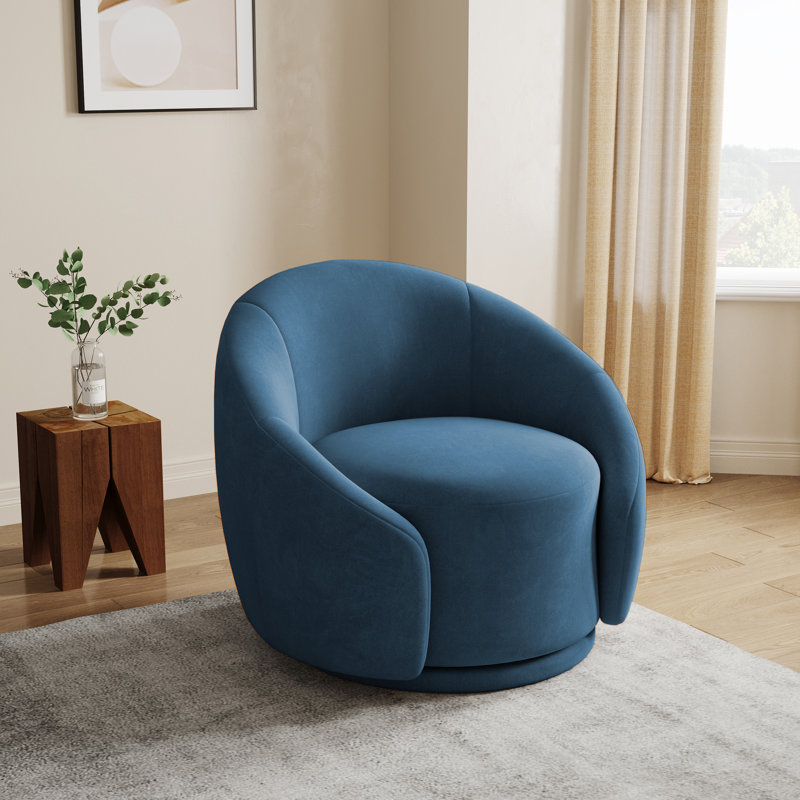 Fauteuil demi-tonneau pivotant rembourré Aunna, Velours bleu