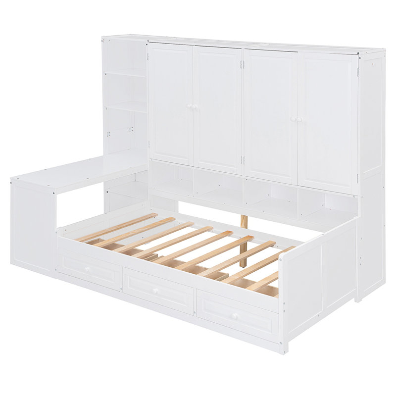 Lit de jour en bois avec trois tiroirs, armoire tout-en-un, bureau et tablettes, Lit simple, Blanc