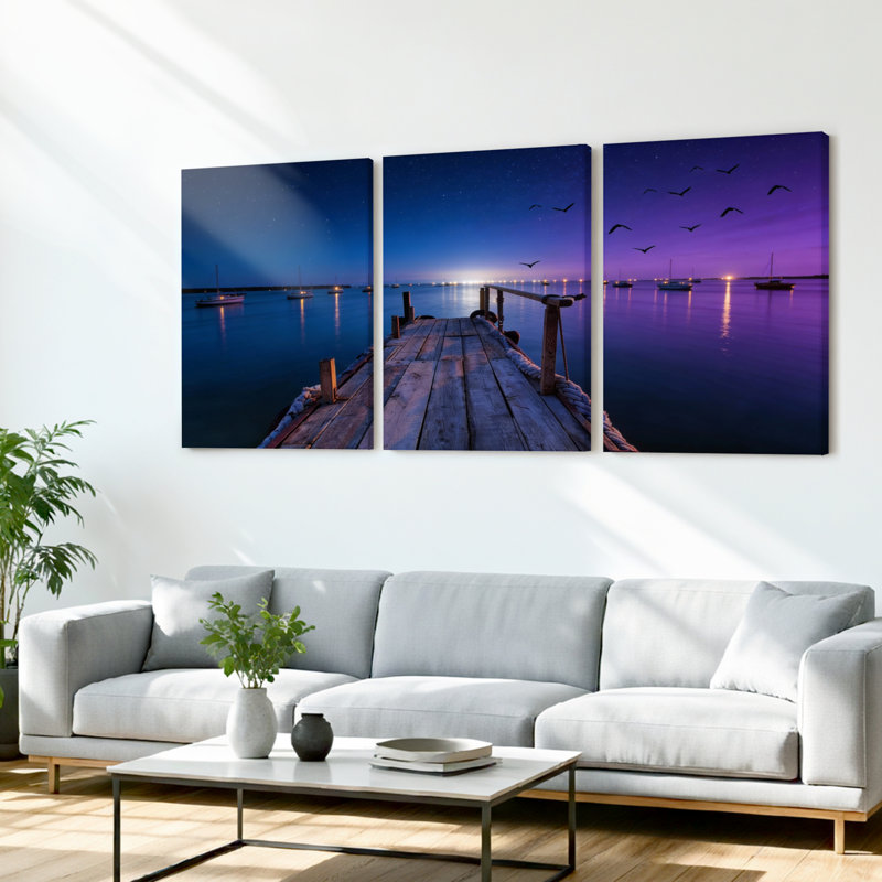 Ensemble de 3 tableaux sur toile représentant une scène de quai sous le ciel nocturne, 1218