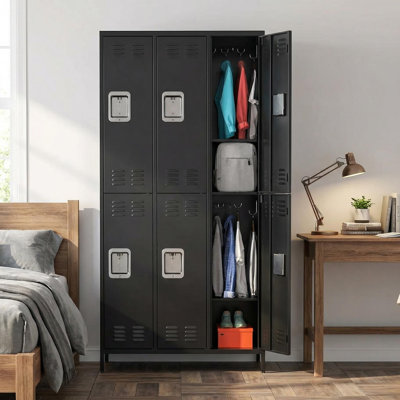 Armoire de rangement 72 po pour employé en métal à 6 portes de 72 po de hauteur - Acier laminé à froid (0,6 mm d'épaisseur), serrure de nid en fer, 12 crochets et 9 tablettes, rangement pour bureau / maison / école / gymnase, noir (SA-SL-2-3)