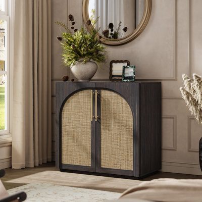 Buffet de 80 cm (31,42 po), meuble d'appoint en rotin avec rangement et étagères réglables, dosseret en bois pour cuisine ou salon