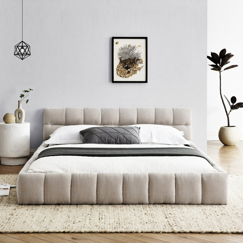 Cadre de lit grand sans sommier en chenille beige avec tissu et tête de lit modernes, Beige