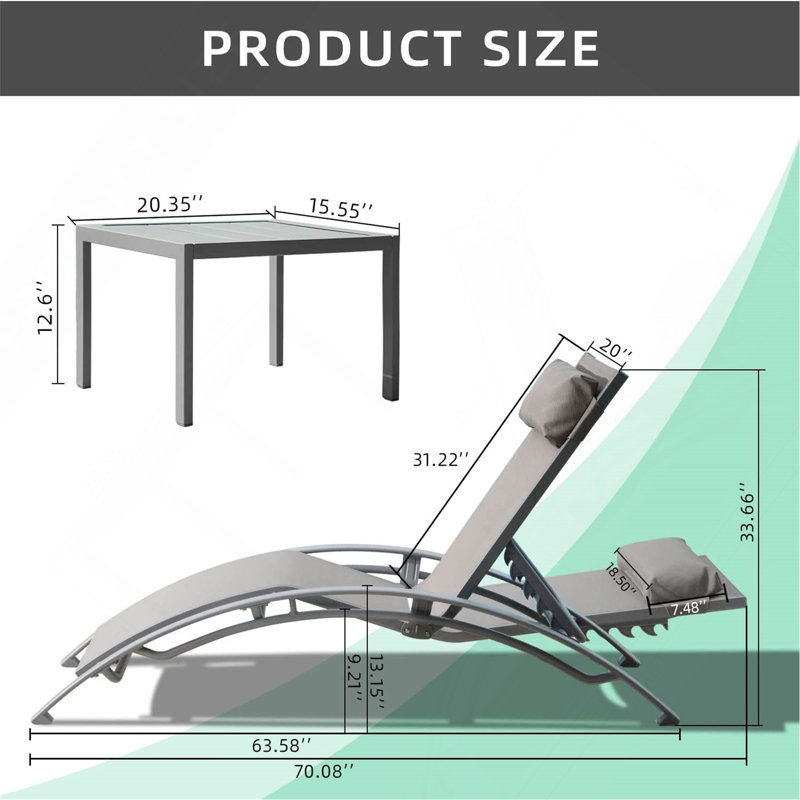 Pool Lounge Chairs Set Of 3, Adjustable Aluminum Outdoor Chaise Lounge Chairs With Metal Side Table, All Weather For Deck Lawn Poolside Backyard