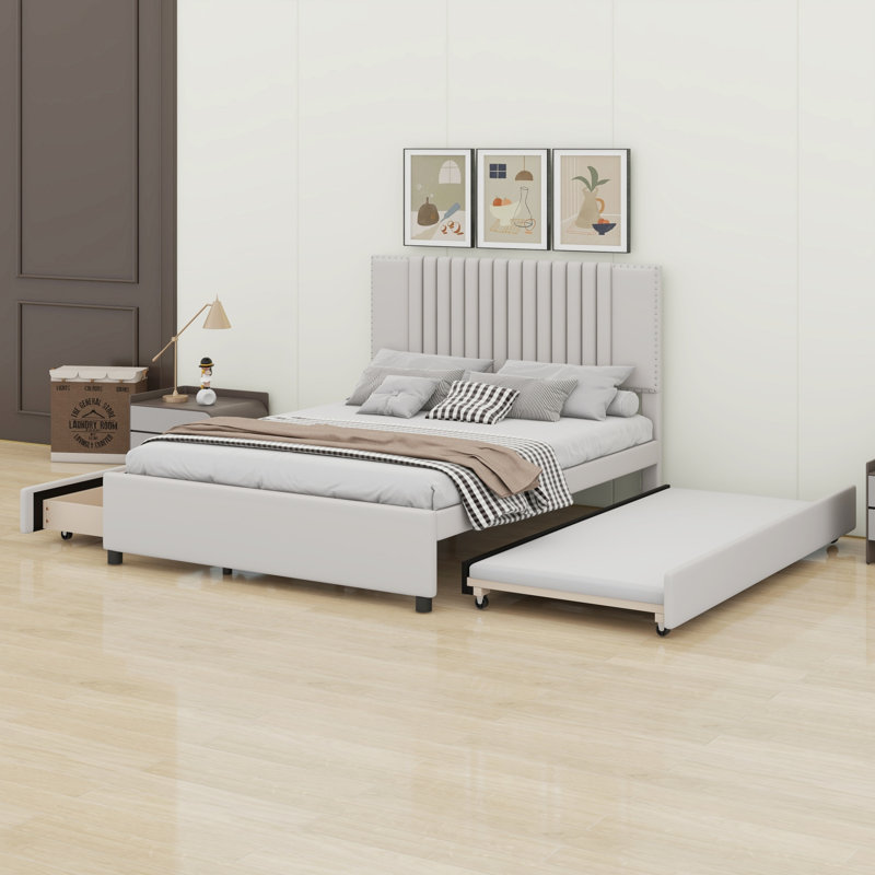 Lit plateforme tapissier avec tiroirs et lit gigogne, Beige