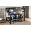 Grand lit mezzanine, rangement compact avec bureau de travail attaché, structure en métal noir profond avec échelle intégrée