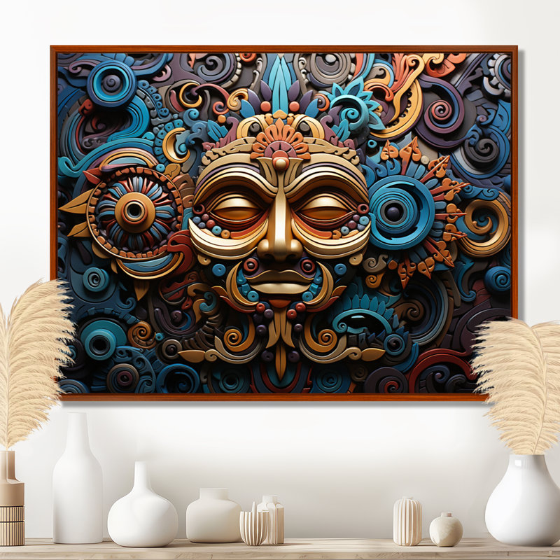 «Teal Gold Mexico Vibrant Aztec Mask I», reproduction sur toile, 24" H x 32" W, Cadre flottant brun