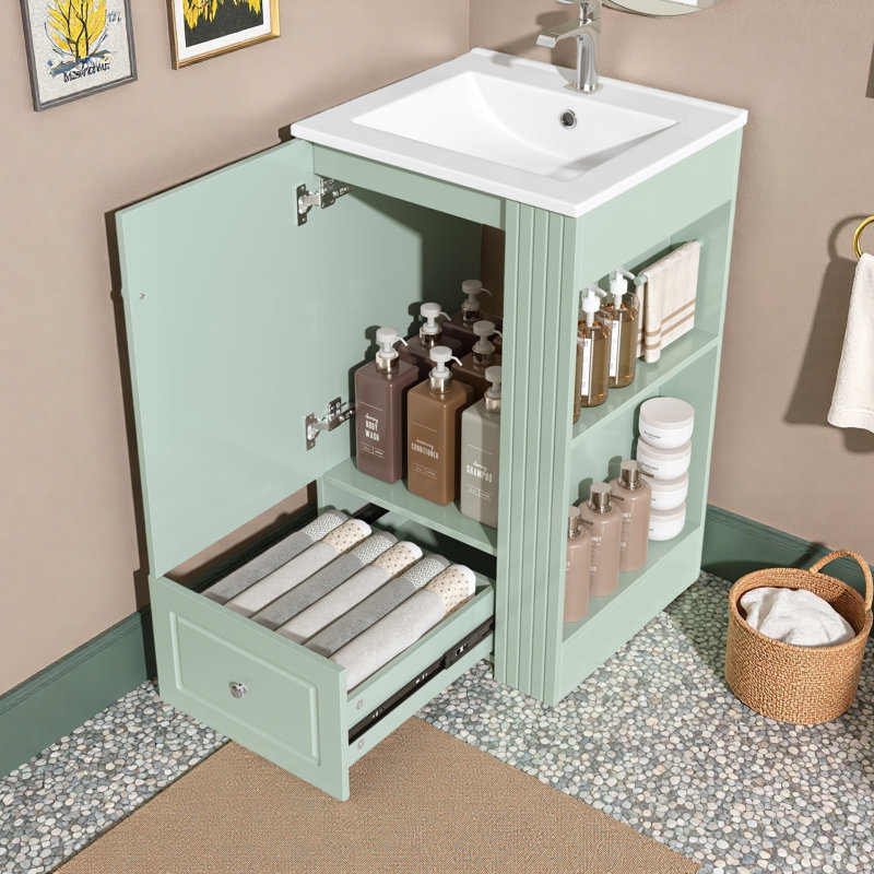 Meuble-lavabo autoportant avec lavabo en céramique, armoire de rangement, tiroir, tablettes latérales ouvertes et barre à serviettes