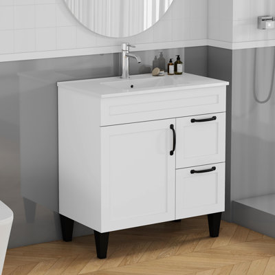 Meuble-lavabo de 31,5 po avec lavabo combiné, armoire avec 1 porte et 2 tiroirs, poignée en métal noir, pieds noirs, charnière à fermeture en douceur, armoire de salle de bain Mordern, lavabo en céramique, assemblage facile, blanc
