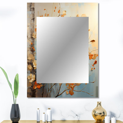 Or et feuilles d'oranges dans la brise II - miroir mural feuilles, miroir décoratif traditionnel, impression d'art en métal