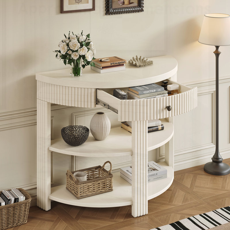 Console cannelée demi-lune avec tiroir et 2 tablettes pour le hall d'entrée, le salon et le couloir, Crème, Crème, Crème
